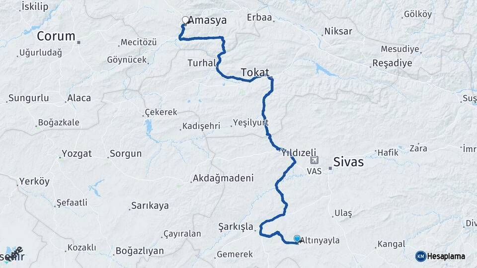 Sivas Altınyayla Amasya Arası Kaç Km - Yol Haritası