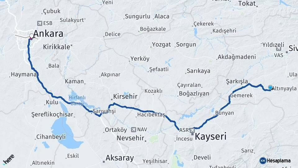 Sivas Altınyayla Ankara Arası Kaç Km - Yol Haritası