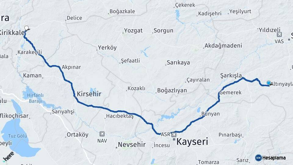 Sivas Altınyayla Kırıkkale Arası Kaç Km - Yol Haritası