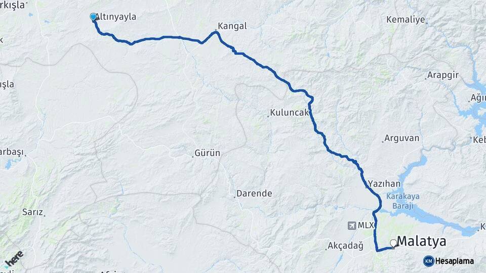 Sivas Altınyayla Malatya Arası Kaç Km - Yol Haritası