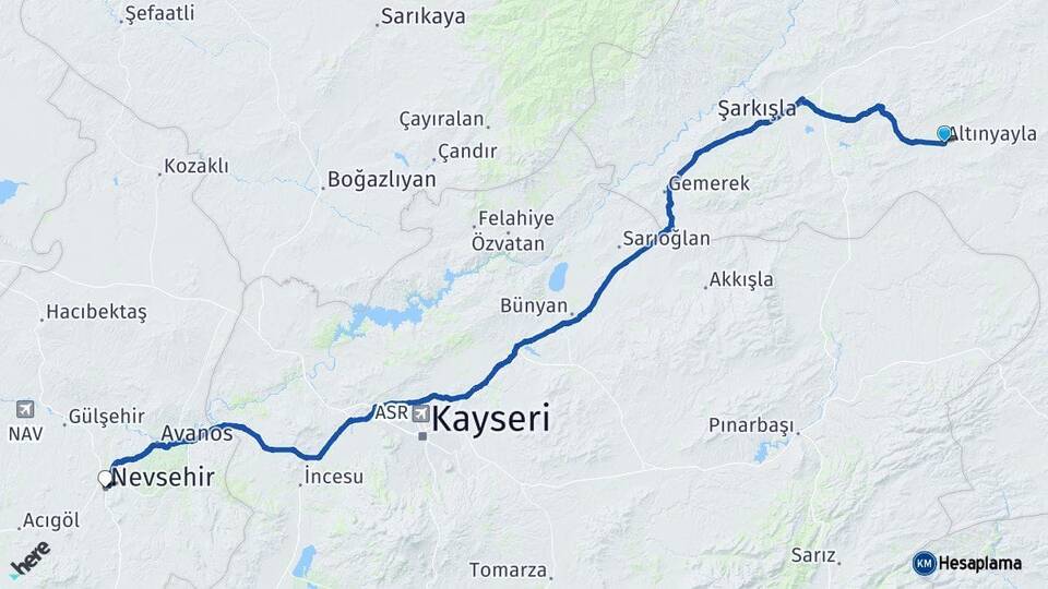 Sivas Altınyayla Nevşehir Arası Kaç Km - Yol Haritası