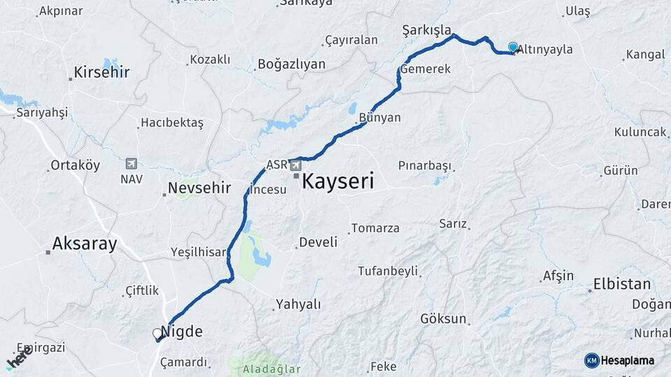 Sivas Altınyayla Niğde Arası Kaç Km - Yol Haritası