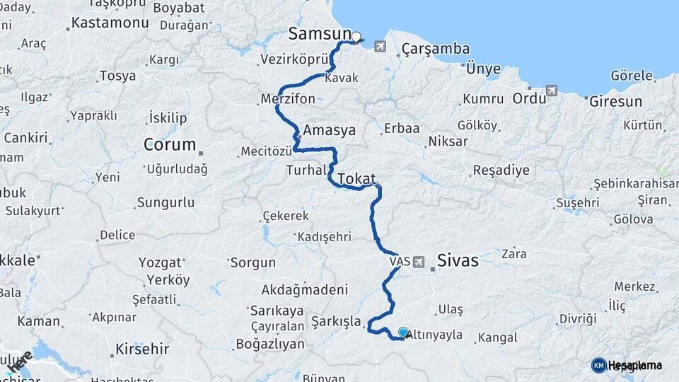 Sivas Altınyayla Samsun Arası Kaç Km - Yol Haritası