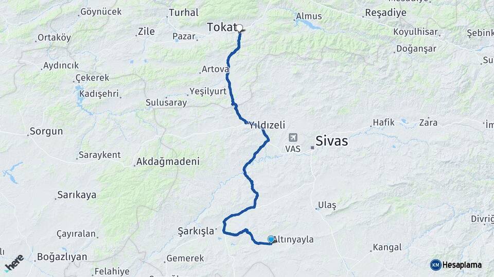 Sivas Altınyayla Tokat Arası Kaç Km - Yol Haritası