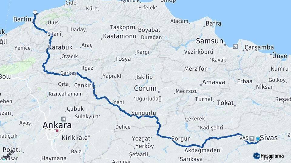 Sivas Amasra Bartın Arası Kaç Km - Yol Haritası