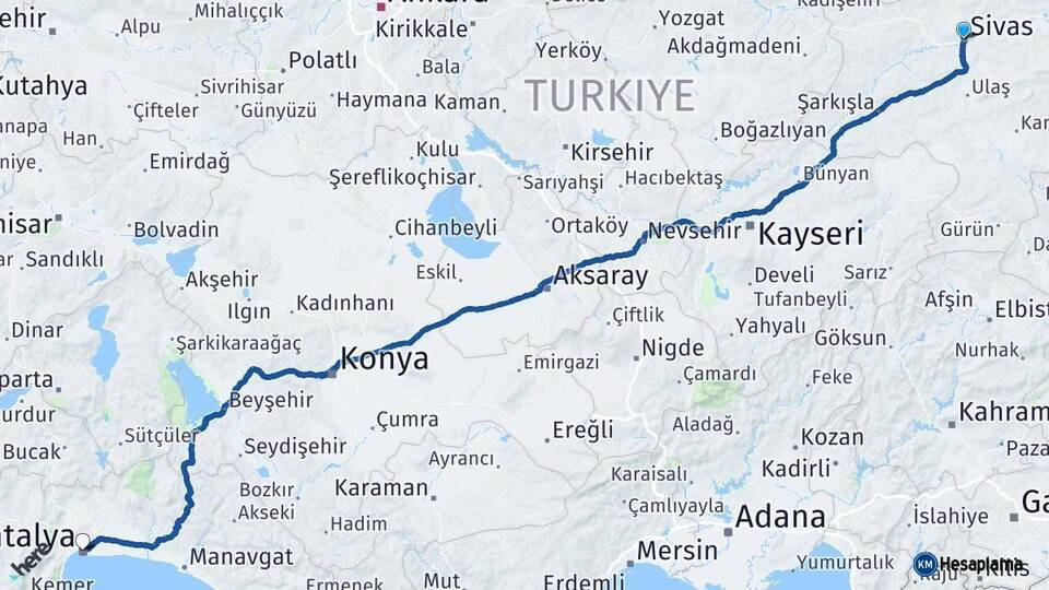 Sivas Antalya Arası Kaç Km - Yol Haritası