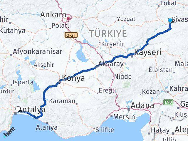 Sivas Antalya Havalimanı Arası Kaç Km - Yol Haritası
