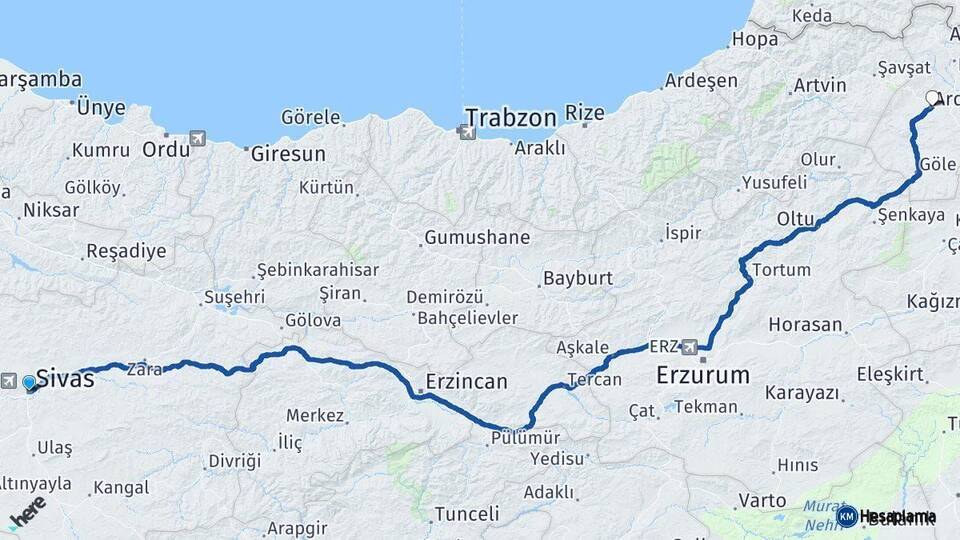 Sivas Ardahan Arası Kaç Km - Yol Haritası