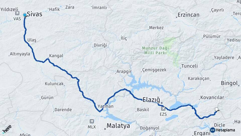 Sivas Arıcak Elazığ Arası Kaç Km - Yol Haritası