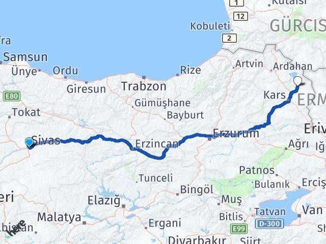 Sivas Arpaçay Kars Arası Kaç Km - Yol Haritası