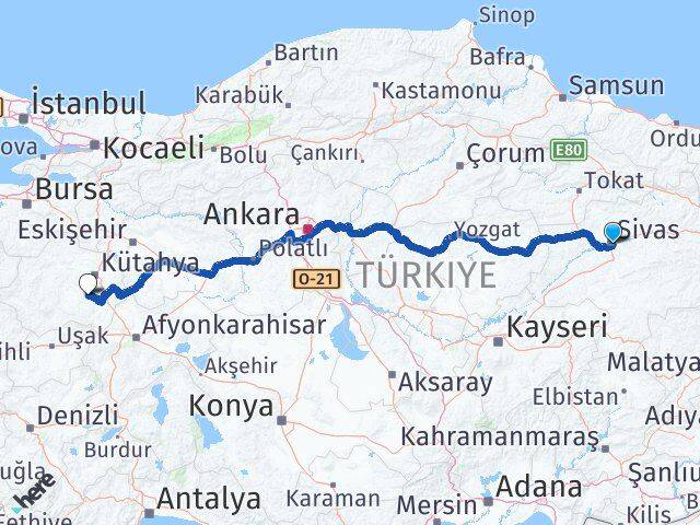 Sivas Aslanapa Kütahya Arası Kaç Km - Yol Haritası
