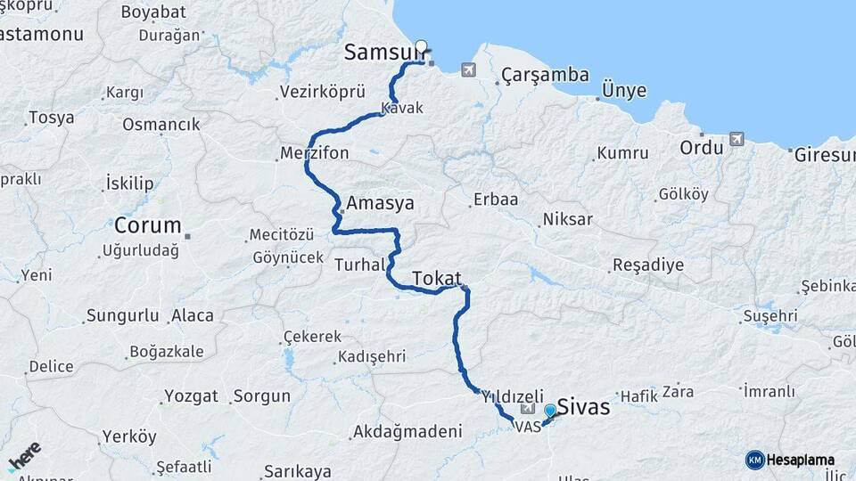 Sivas Atakum Samsun Arası Kaç Km - Yol Haritası
