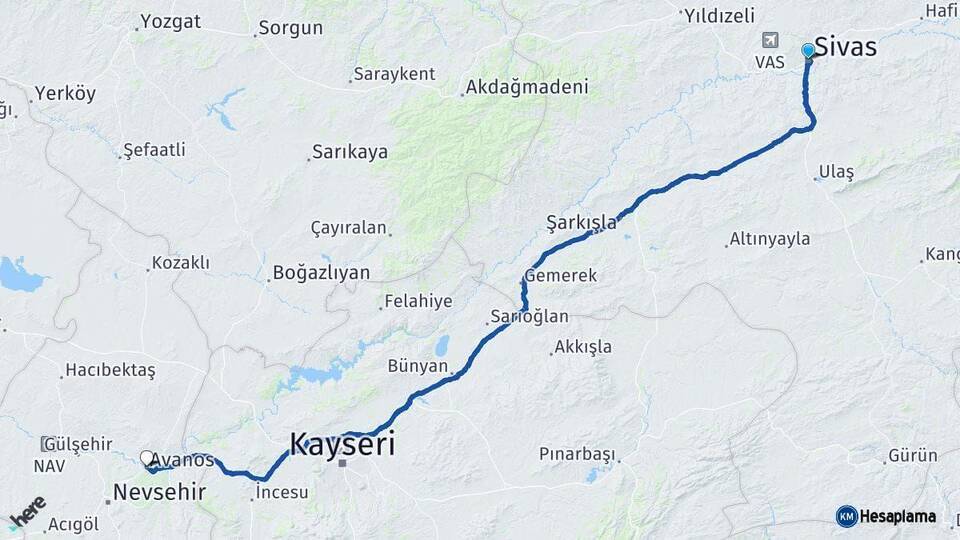 Sivas Avanos Nevşehir Arası Kaç Km - Yol Haritası