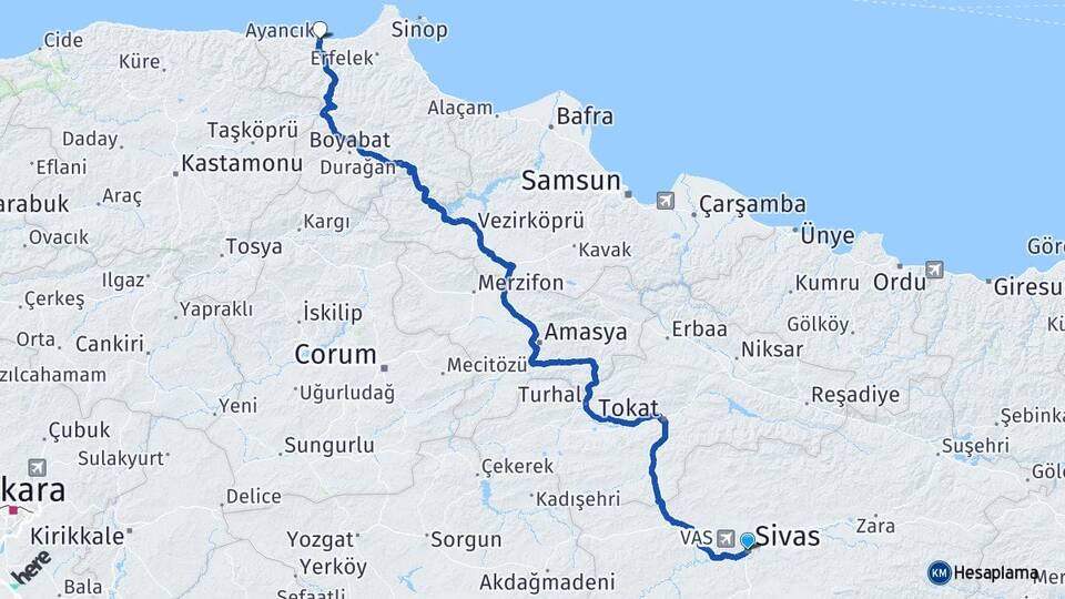 Sivas Ayancık Sinop Arası Kaç Km - Yol Haritası