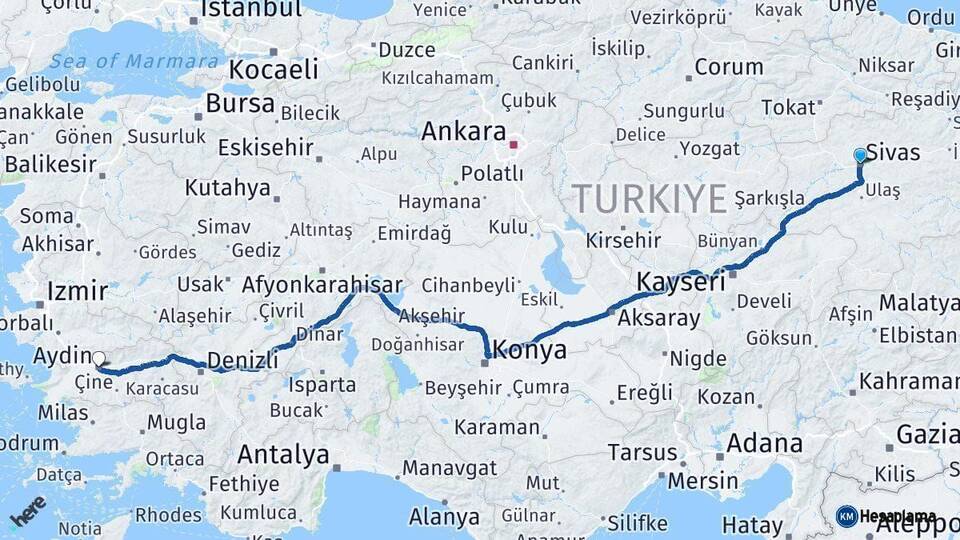 Sivas Aydın Arası Kaç Km - Yol Haritası
