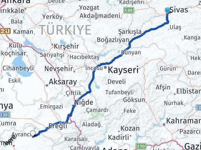 Sivas Ayrancı Karaman Arası Kaç Km - Yol Haritası