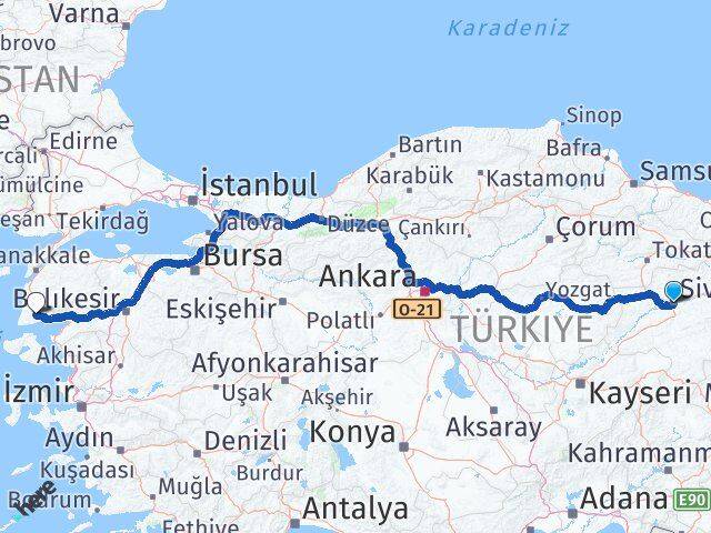 Sivas Ayvacık Çanakkale Arası Kaç Km - Yol Haritası