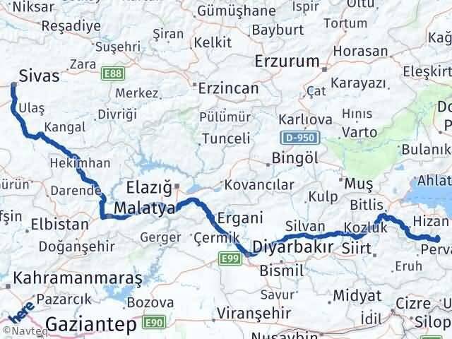 Sivas Bahçesaray Van Arası Kaç Km - Yol Haritası