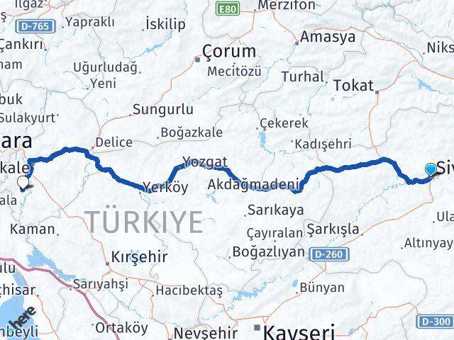 Sivas Bahşili Kırıkkale Arası Kaç Km - Yol Haritası