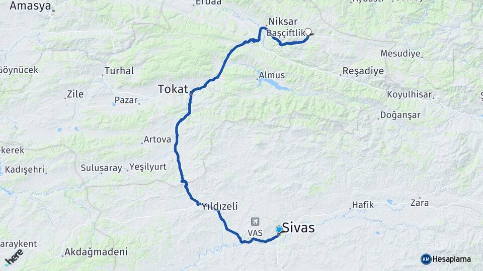 Sivas Başçiftlik Tokat Arası Kaç Km - Yol Haritası
