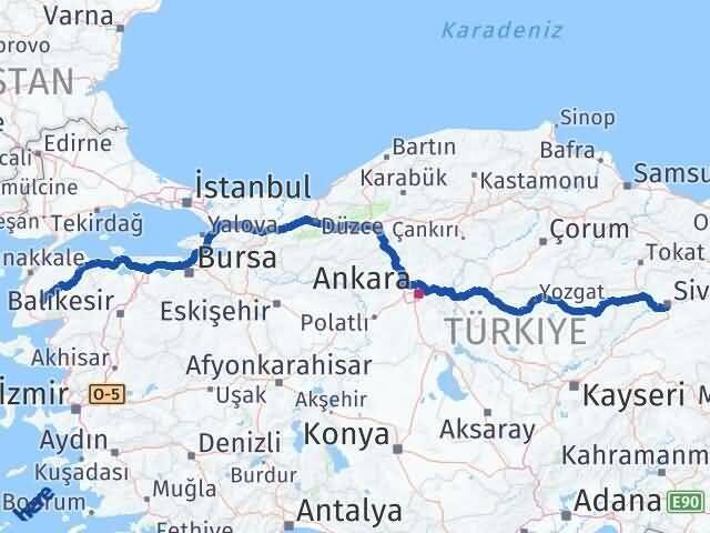 Sivas Bayramiç Çanakkale Arası Kaç Km - Yol Haritası