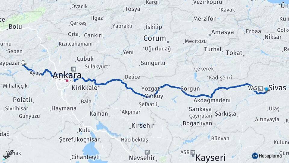 Sivas Beypazarı Ankara Arası Kaç Km - Yol Haritası
