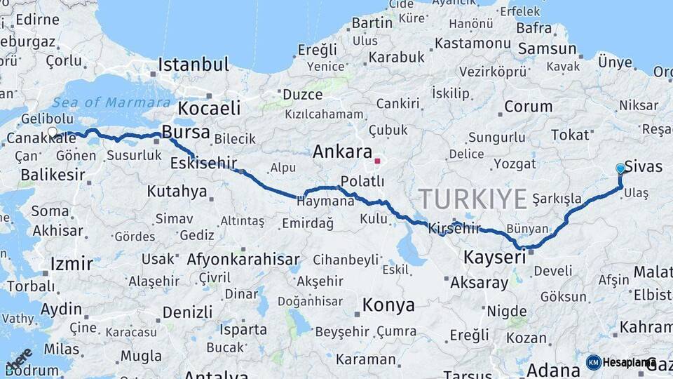 Sivas Biga Çanakkale Arası Kaç Km - Yol Haritası