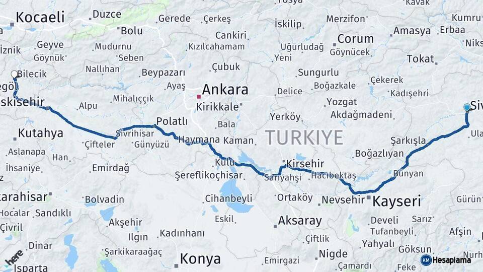 Sivas Bilecik Arası Kaç Km - Yol Haritası