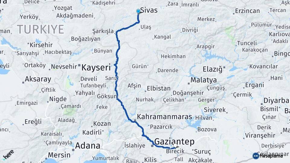 Sivas Birecik Şanlıurfa Arası Kaç Km - Yol Haritası