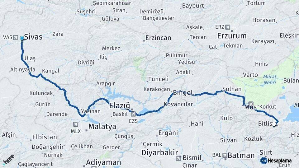 Sivas Bitlis Arası Kaç Km - Yol Haritası