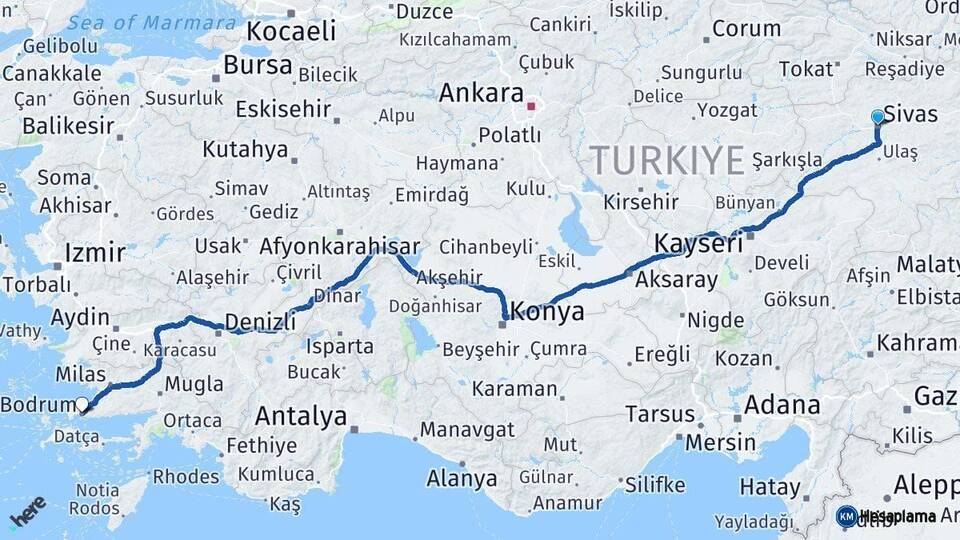 Sivas Bodrum Muğla Arası Kaç Km - Yol Haritası