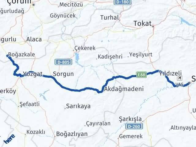 Sivas Boğazkale Çorum Arası Kaç Km - Yol Haritası