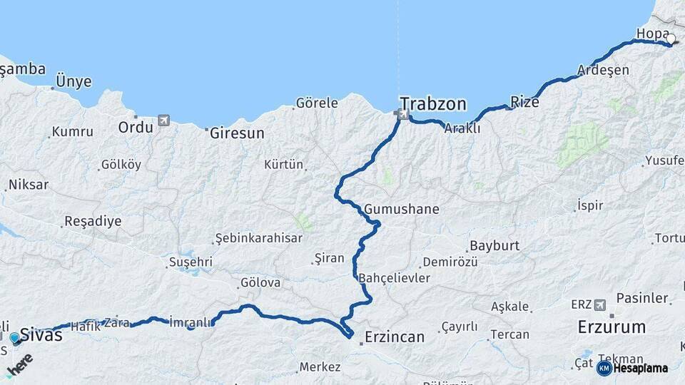 Sivas Borçka Artvin Arası Kaç Km - Yol Haritası
