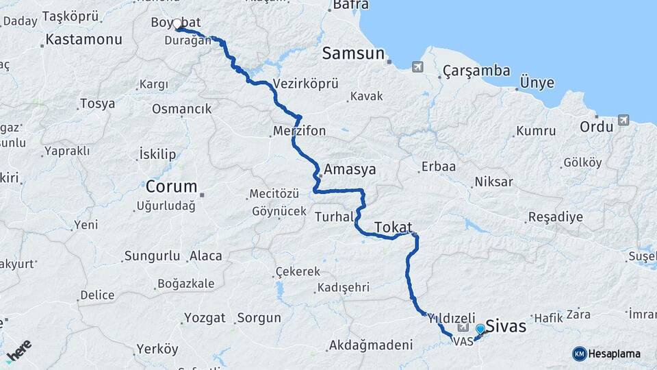 Sivas Boyabat Sinop Arası Kaç Km - Yol Haritası