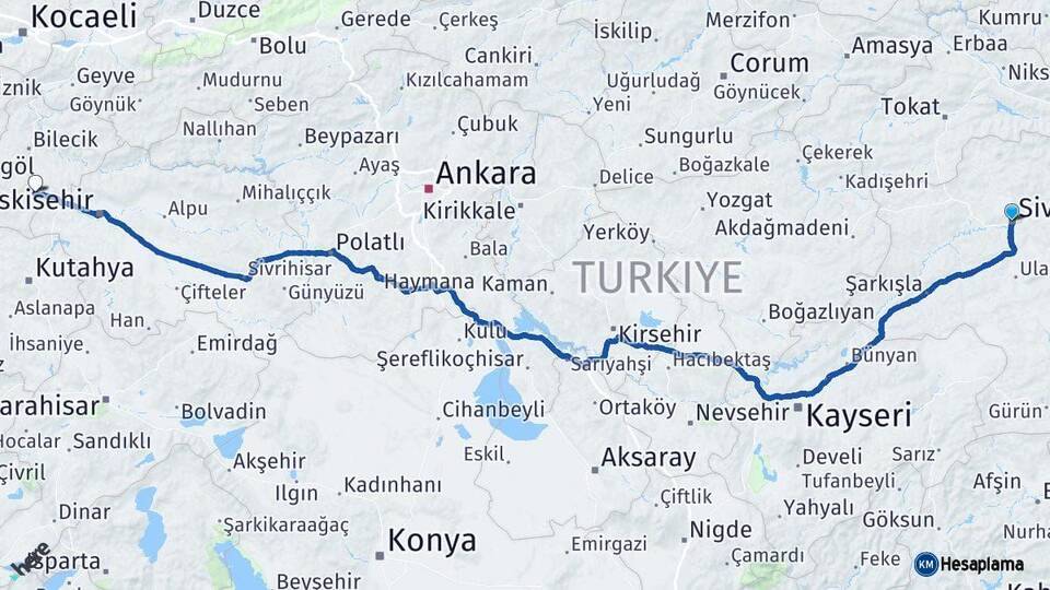 Sivas Bozüyük Bilecik Arası Kaç Km - Yol Haritası