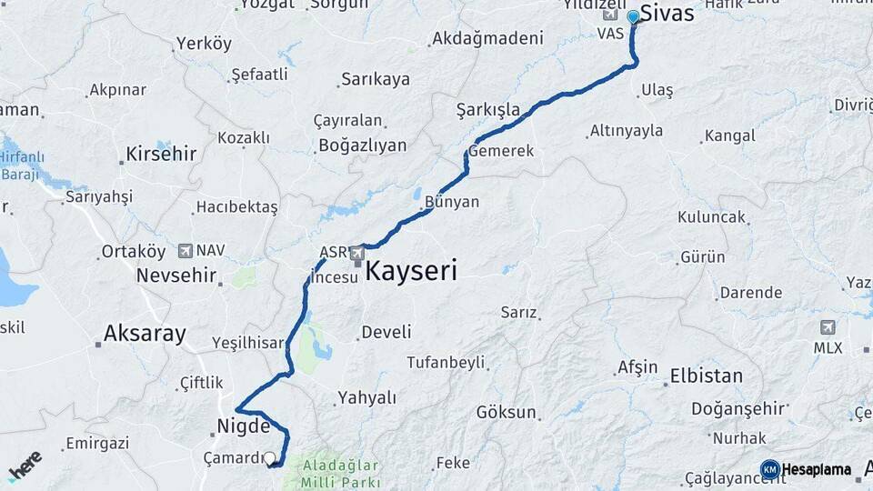 Sivas Çamardı Niğde Arası Kaç Km - Yol Haritası