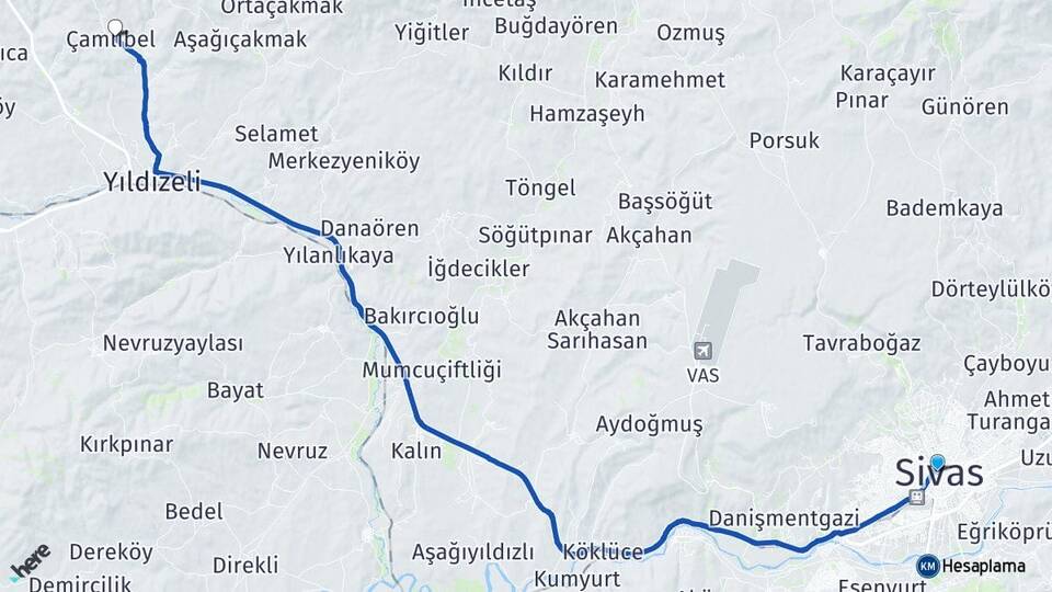Sivas Çamlıbel Yıldızeli Arası Kaç Km - Yol Haritası