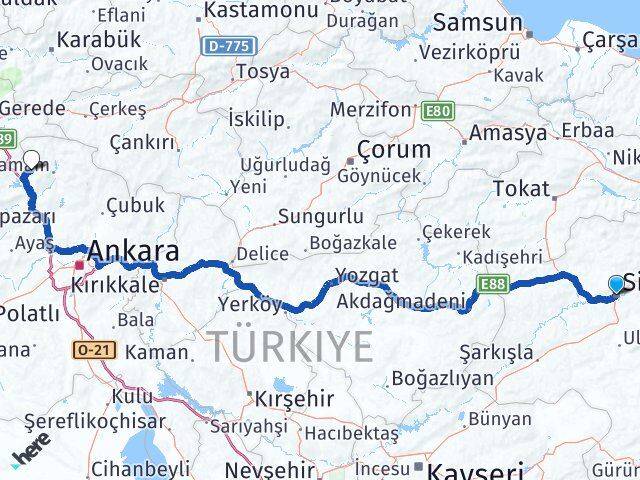 Sivas Çamlıdere Ankara Arası Kaç Km - Yol Haritası