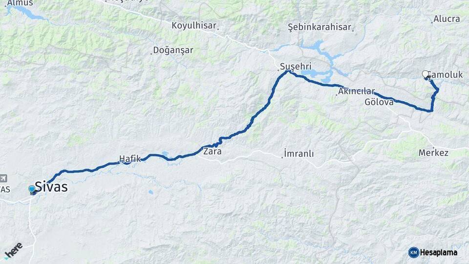 Sivas Çamoluk Giresun Arası Kaç Km - Yol Haritası