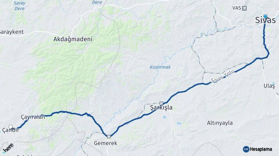 Sivas Çandır Yozgat Arası Kaç Km - Yol Haritası