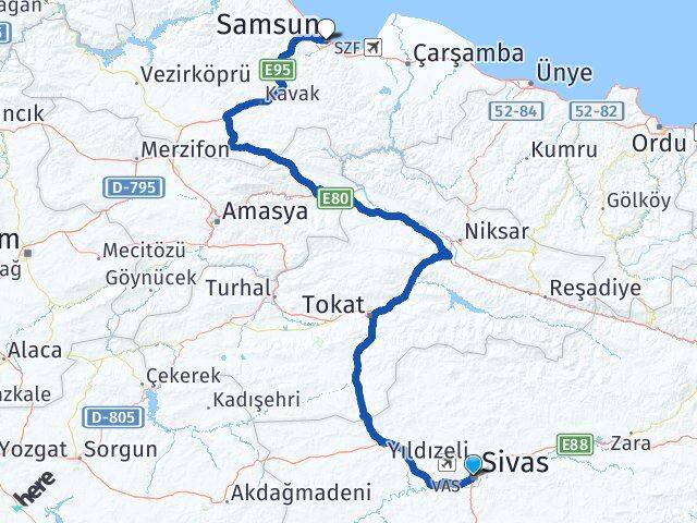 Sivas Canik Samsun Arası Kaç Km - Yol Haritası