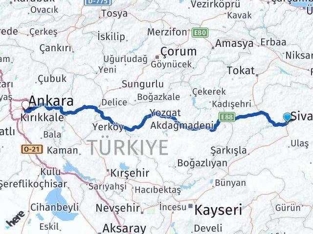 Sivas Çankaya Ankara Arası Kaç Km - Yol Haritası