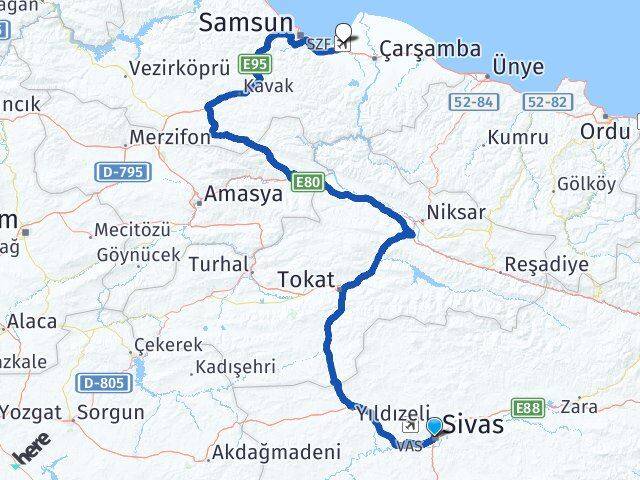 Sivas Çarşamba Havalimanı Arası Kaç Km - Yol Haritası