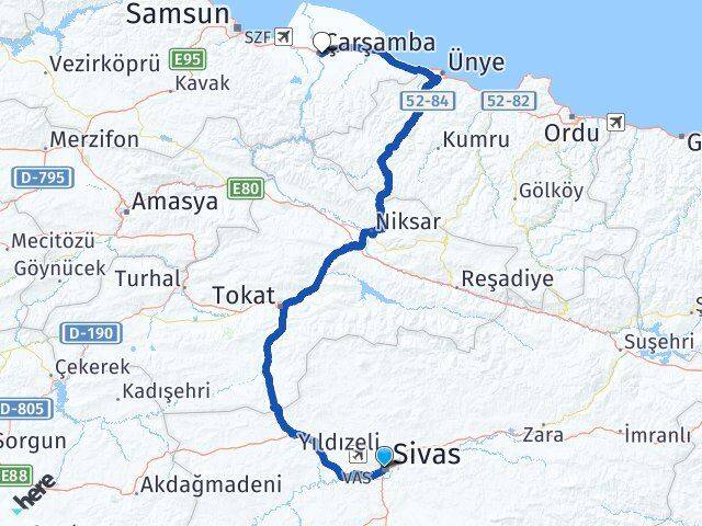 Sivas Çarşamba Samsun Arası Kaç Km - Yol Haritası