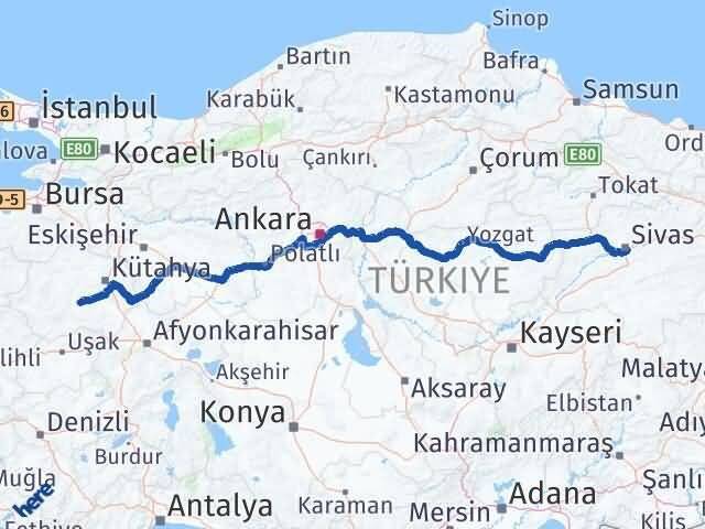 Sivas Çavdarhisar Kütahya Arası Kaç Km - Yol Haritası