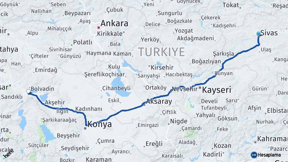 Sivas Çay Afyonkarahisar Arası Kaç Km - Yol Haritası