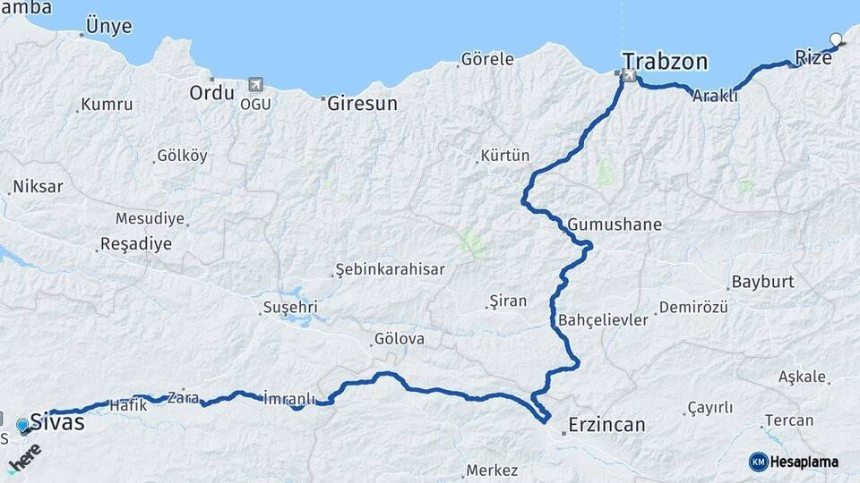 Sivas Çayeli Rize Arası Kaç Km - Yol Haritası