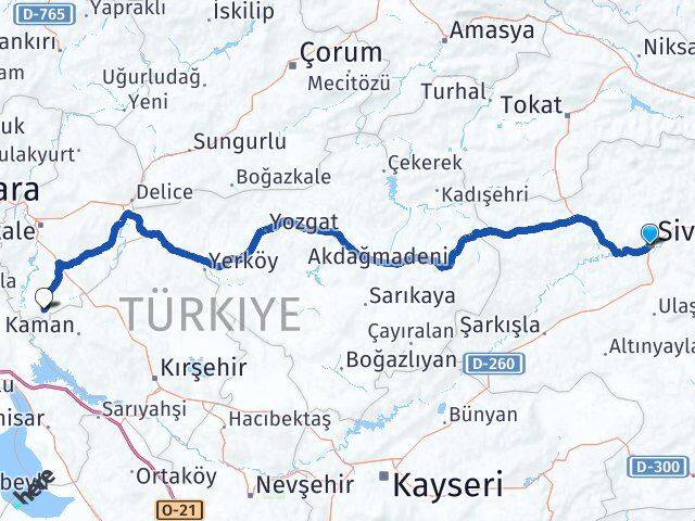 Sivas Çelebi Kırıkkale Arası Kaç Km - Yol Haritası