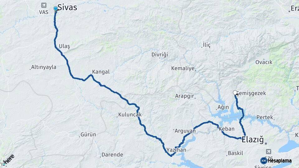 Sivas Çemişgezek Tunceli Arası Kaç Km - Yol Haritası