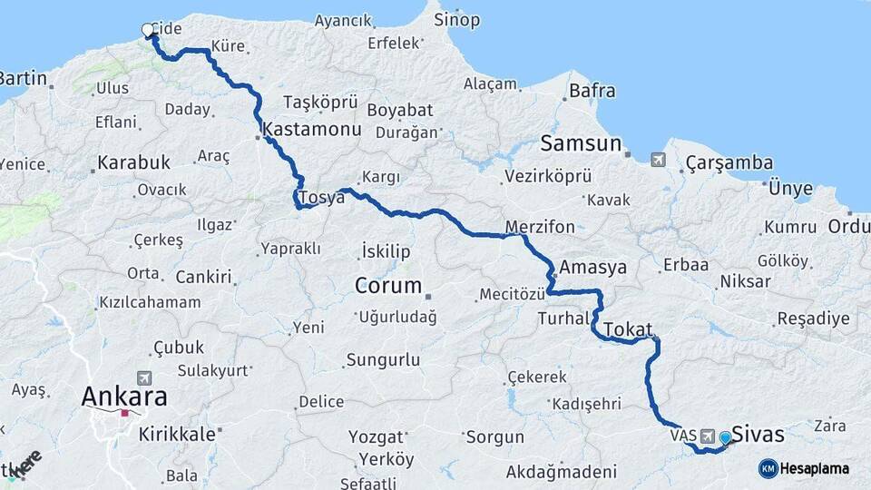 Sivas Cide Kastamonu Arası Kaç Km - Yol Haritası